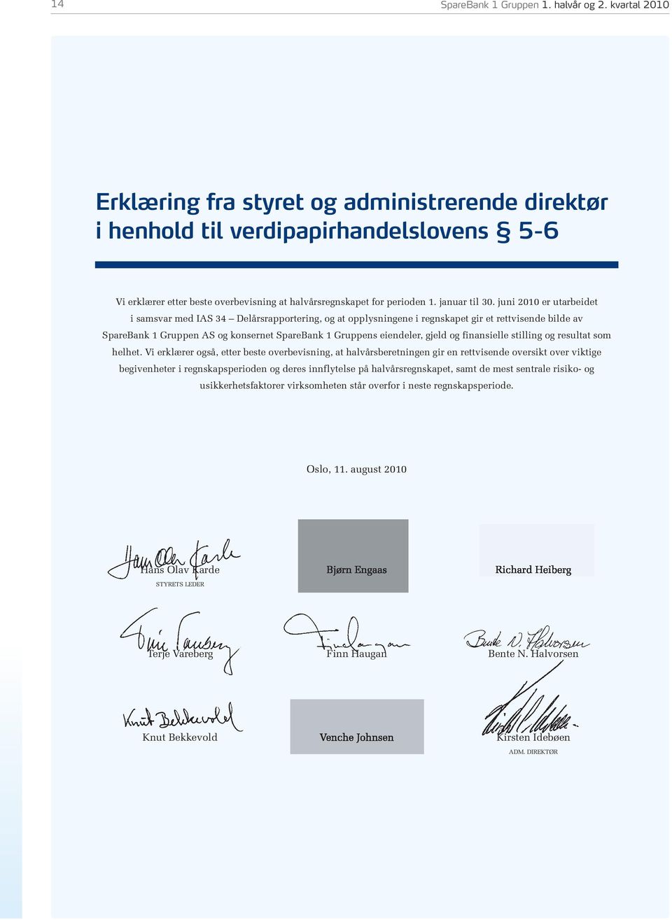 juni 2010 er utarbeidet i samsvar med IAS 34 Delårsrapportering, og at opplysningene i regnskapet gir et rettvisende bilde av SpareBank 1 Gruppen AS og konsernet SpareBank 1 Gruppens eiendeler, gjeld