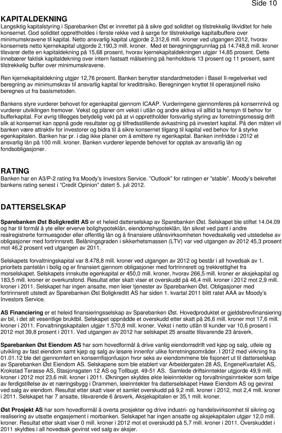 kroner ved utgangen 2012, hvorav konsernets netto kjernekapital utgjorde 2.190,3 mill. kroner. Med et beregningsgrunnlag på 14.748,8 mill.