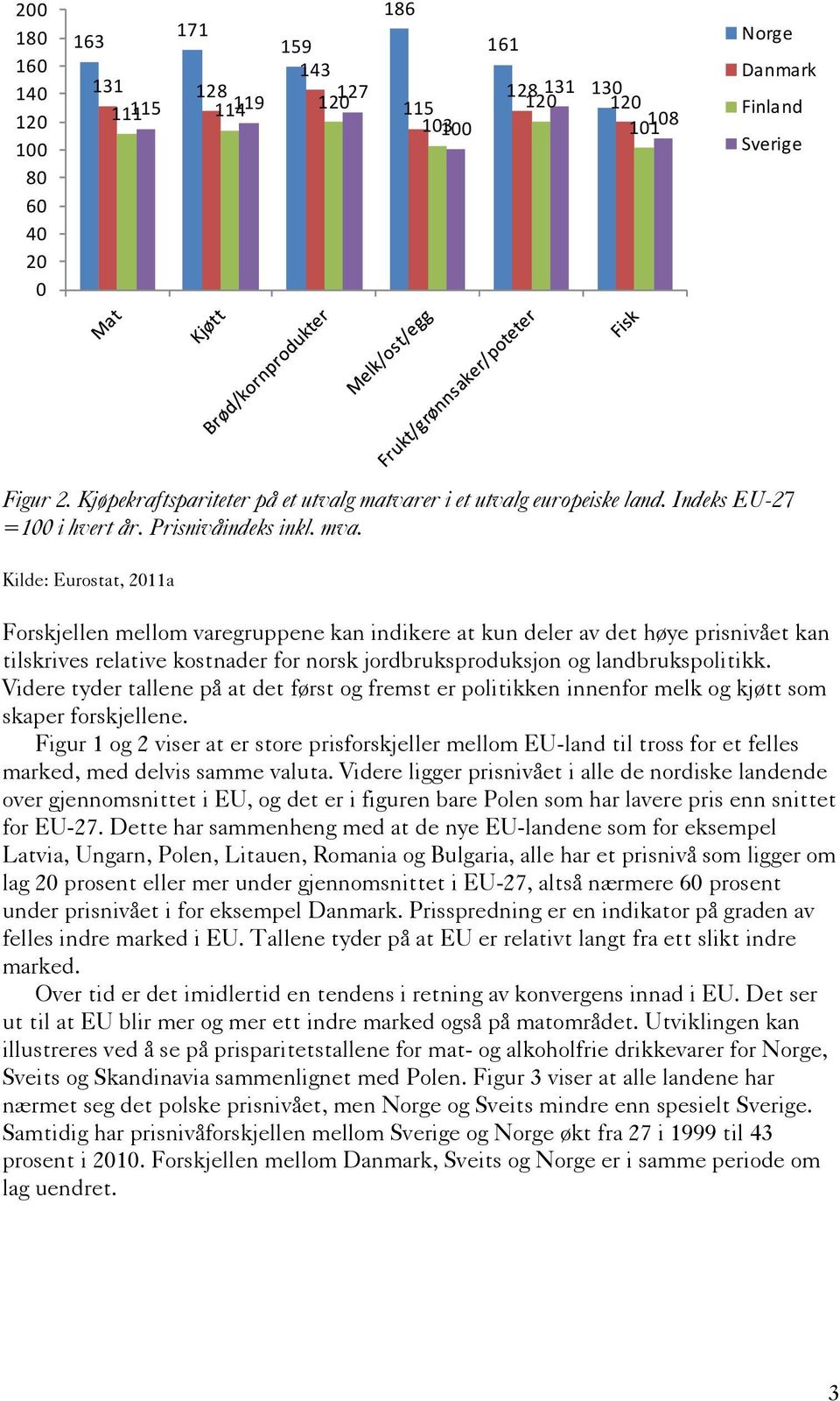 Kilde: Eurostat, 2011a Forskjellen mellom varegruppene kan indikere at kun deler av det høye prisnivået kan tilskrives relative kostnader for norsk jordbruksproduksjon og landbrukspolitikk.