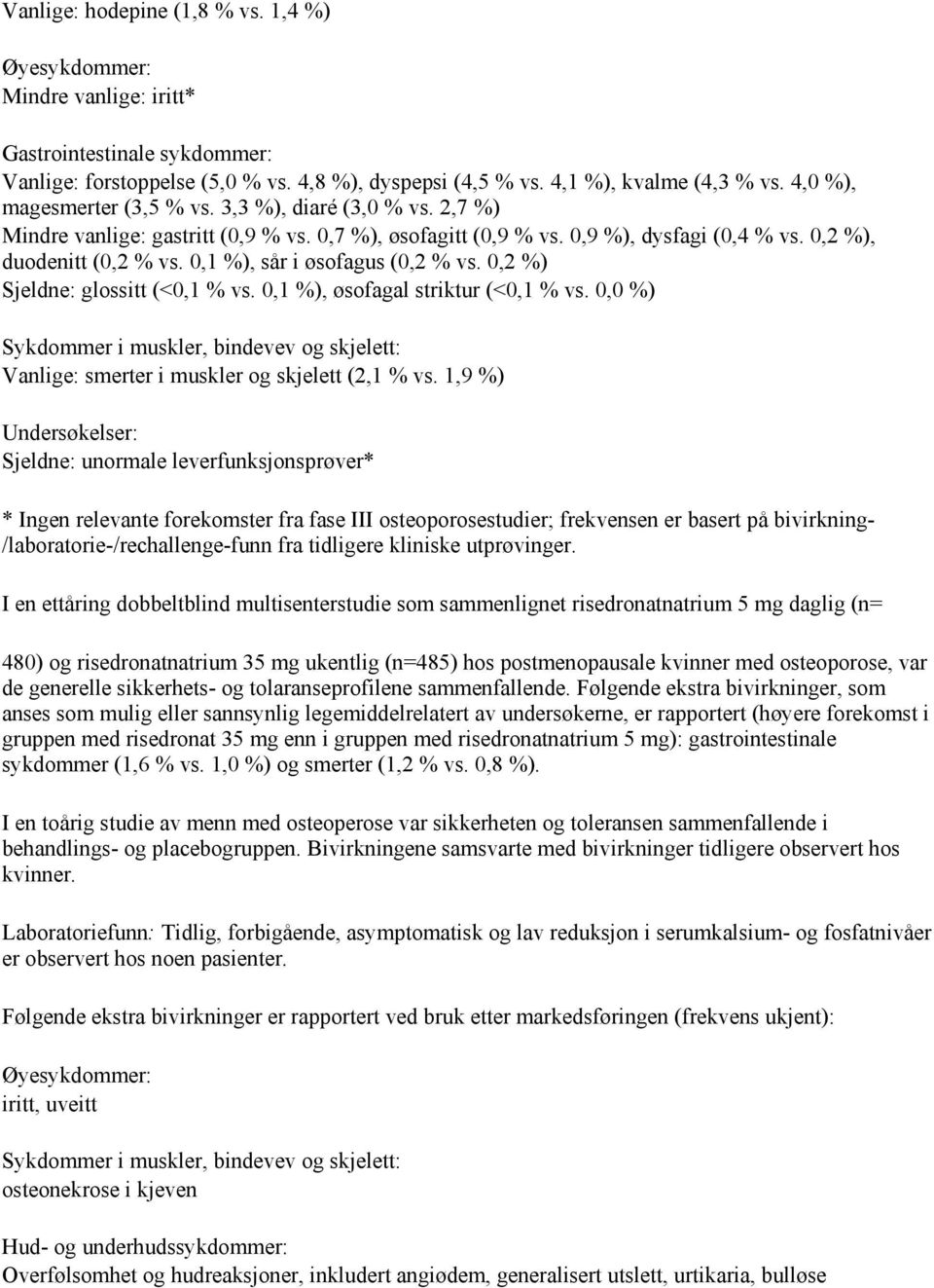 0,1 %), sår i øsofagus (0,2 % vs. 0,2 %) Sjeldne: glossitt (<0,1 % vs. 0,1 %), øsofagal striktur (<0,1 % vs.