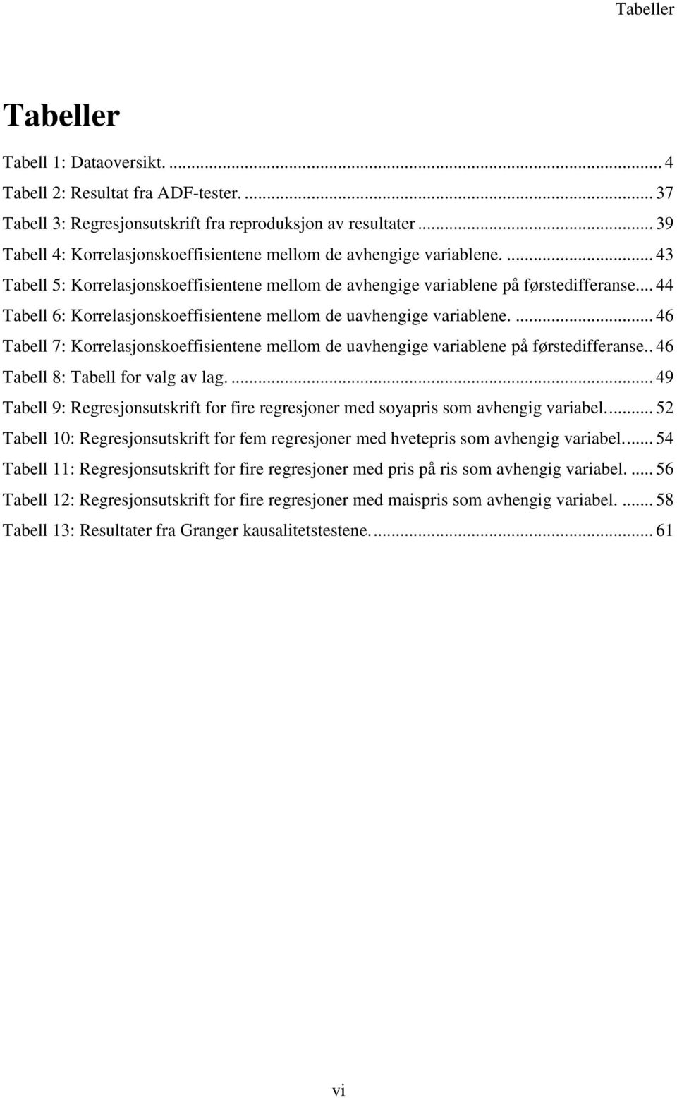 .. 44 Tabell 6: Korrelasjonskoeffisientene mellom de uavhengige variablene.... 46 Tabell 7: Korrelasjonskoeffisientene mellom de uavhengige variablene på førstedifferanse.