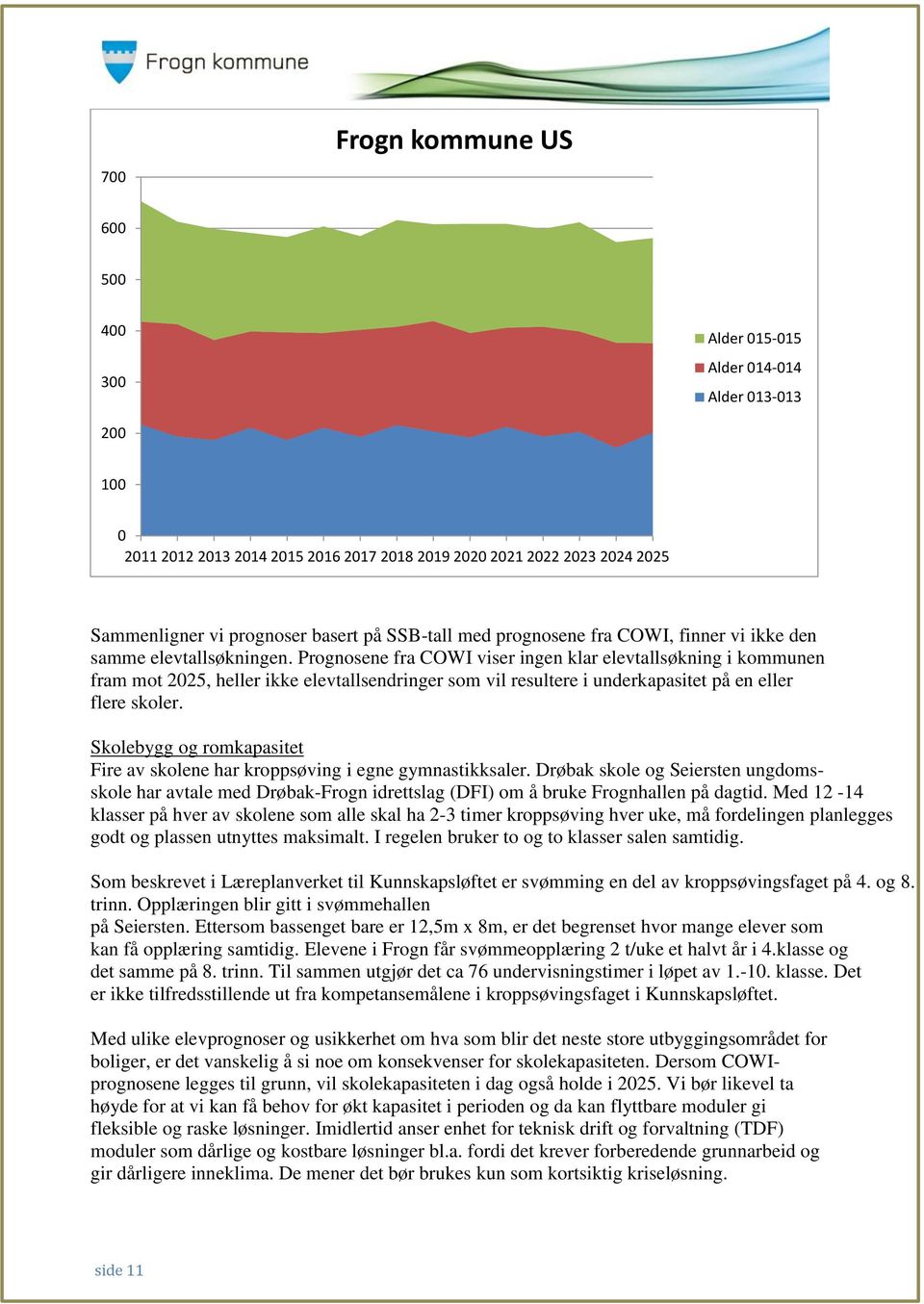 Prognosene fra COWI viser ingen klar elevtallsøkning i kommunen fram mot 2025, heller ikke elevtallsendringer som vil resultere i underkapasitet på en eller flere skoler.