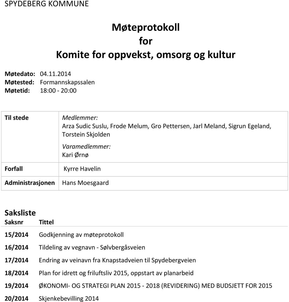 Suslu, Frode Melum, Gro Pettersen, Jarl Meland, Sigrun Egeland, Torstein Skjolden Varamedlemmer: Kari Ørnø Kyrre Havelin Hans Moesgaard Saksliste Saksnr Tittel 15/2014