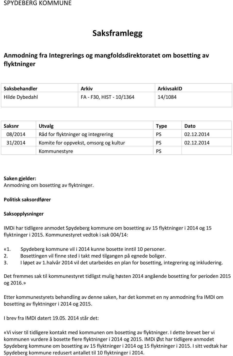 Politisk saksordfører Saksopplysninger IMDi har tidligere anmodet Spydeberg kommune om bosetting av 15 flyktninger i 2014 og 15 flyktninger i 2015. Kommunestyret vedtok i sak 004/14: «1.