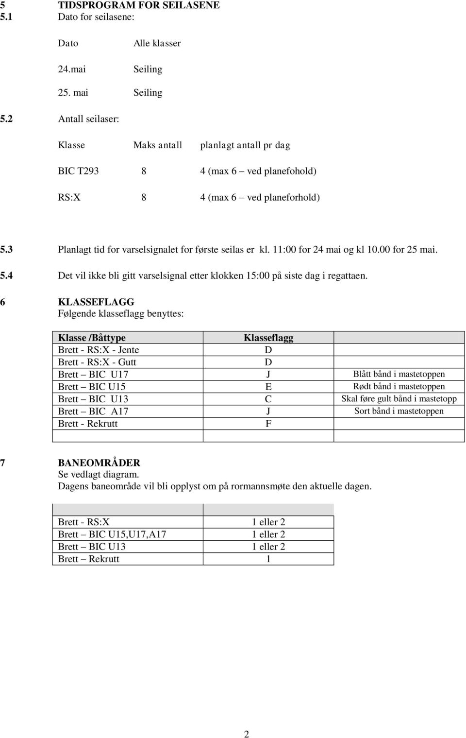 11:00 for 24 mai og kl 10.00 for 25 mai. 5.4 Det vil ikke bli gitt varselsignal etter klokken 15:00 på siste dag i regattaen.