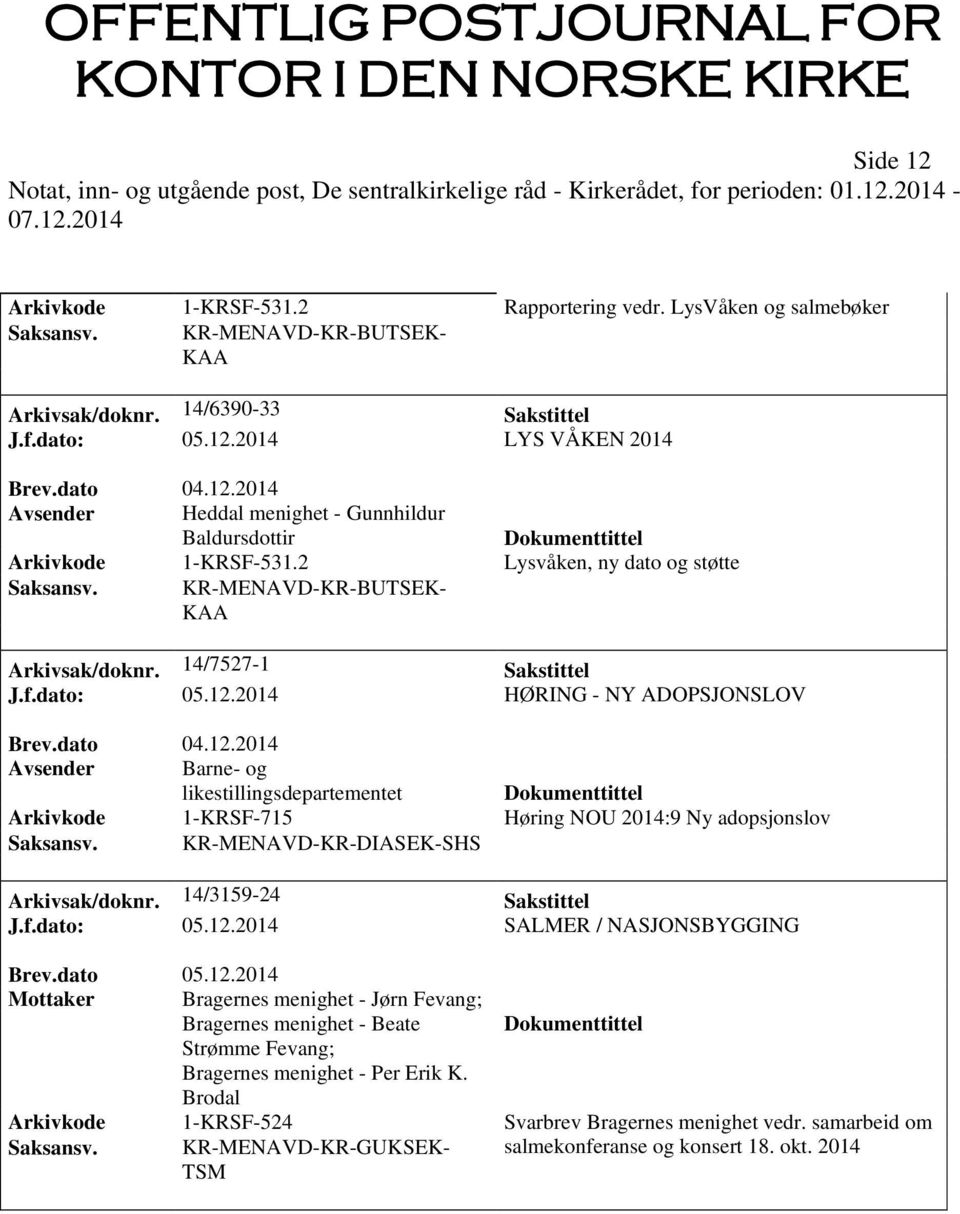 2014 HØRING - NY ADOPSJONSLOV Brev.dato 04.12.2014 Avsender Barne- og likestillingsdepartementet Arkivkode 1-KRSF-715 Høring NOU 2014:9 Ny adopsjonslov Saksansv.