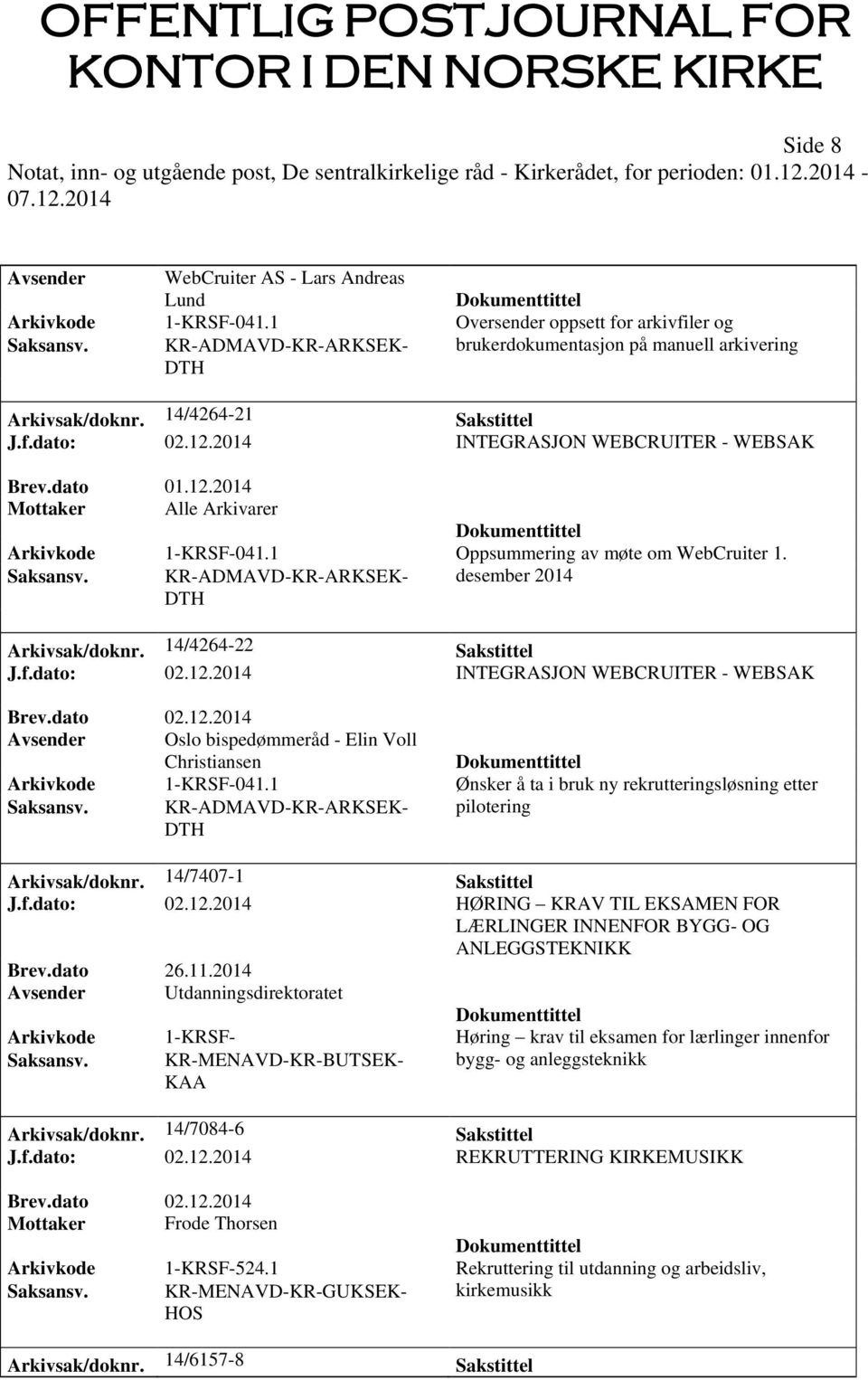 2014 INTEGRASJON WEBCRUITER - WEBSAK Mottaker Alle Arkivarer Arkivkode 1-KRSF-041.1 Oppsummering av møte om WebCruiter 1. Saksansv. KR-ADMAVD-KR-ARKSEK- DTH desember 2014 Arkivsak/doknr.