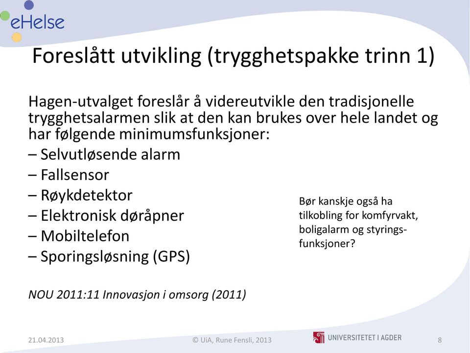 Fallsensor Røykdetektor Elektronisk døråpner Mobiltelefon Sporingsløsning (GPS) NOU 2011:11 Innovasjon i omsorg