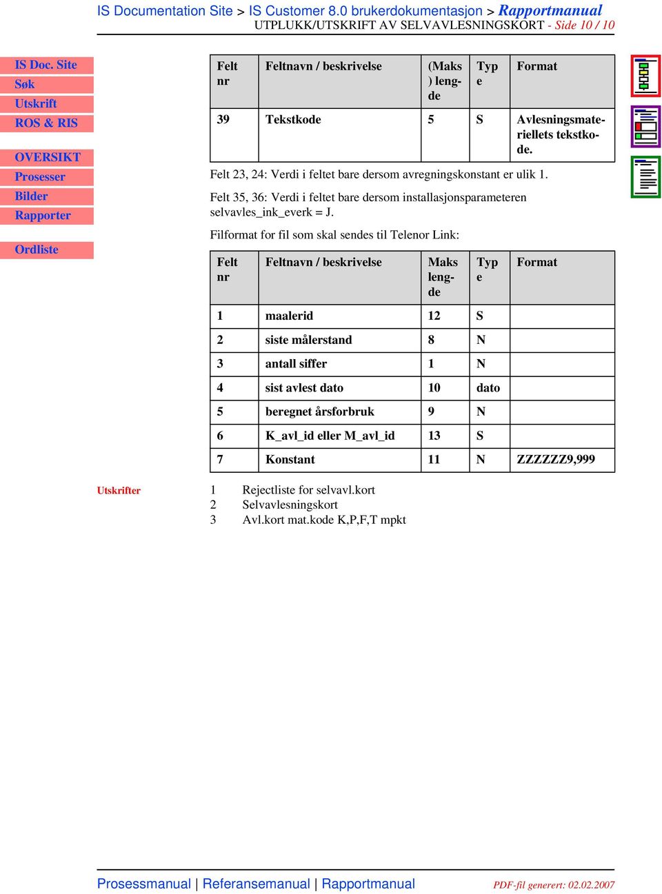 Filformat for fil som skal sendes til Telenor Link: Felt nr Feltnavn / beskrivelse Feltnavn / beskrivelse (Maks ) lengde Maks lengde Typ e Typ e Format Format 1 maalerid 12