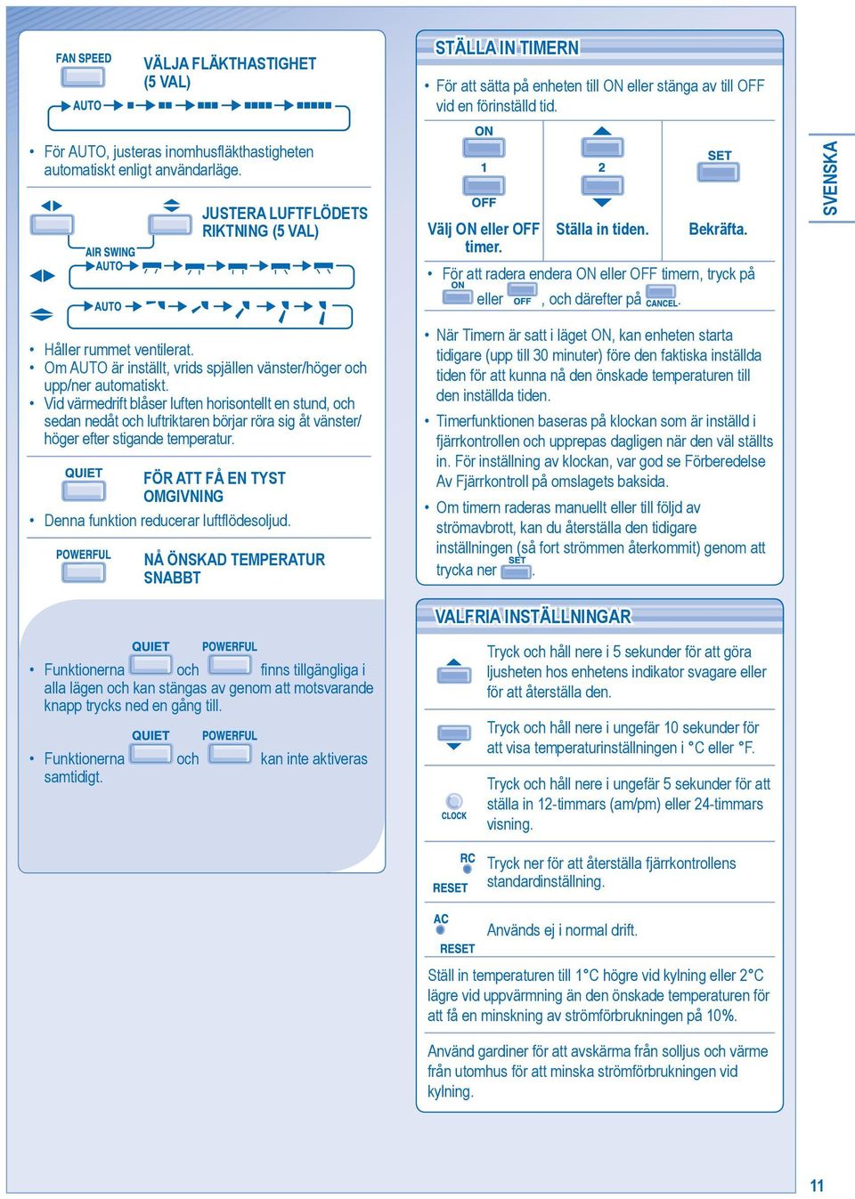 För att radera endera ON eller OFF timern, tryck på eller, och därefter på. SVENSKA Håller rummet ventilerat. Om AUTO är inställt, vrids spjällen vänster/höger och upp/ner automatiskt.