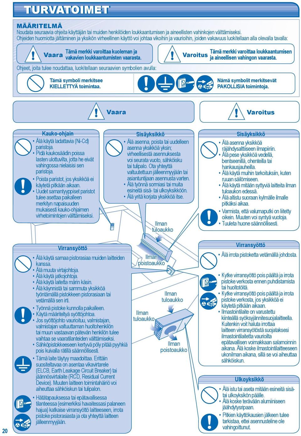 loukkaantumisten vaarasta. Ohjeet, joita tulee noudattaa, luokitellaan seuraavien symbolien avulla: Tämä symboli merkitsee KIELLETTYÄ toimintaa.