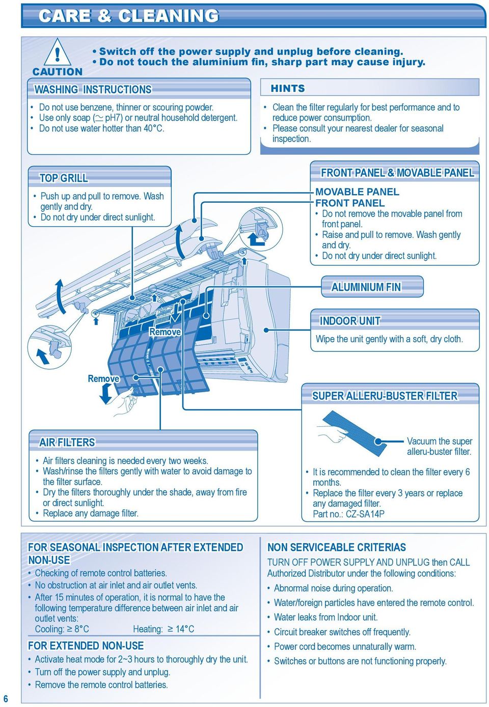 HINTS Clean the filter regularly for best performance and to reduce power consumption. Please consult your nearest dealer for seasonal inspection. TOP GRILL Push up and pull to remove.