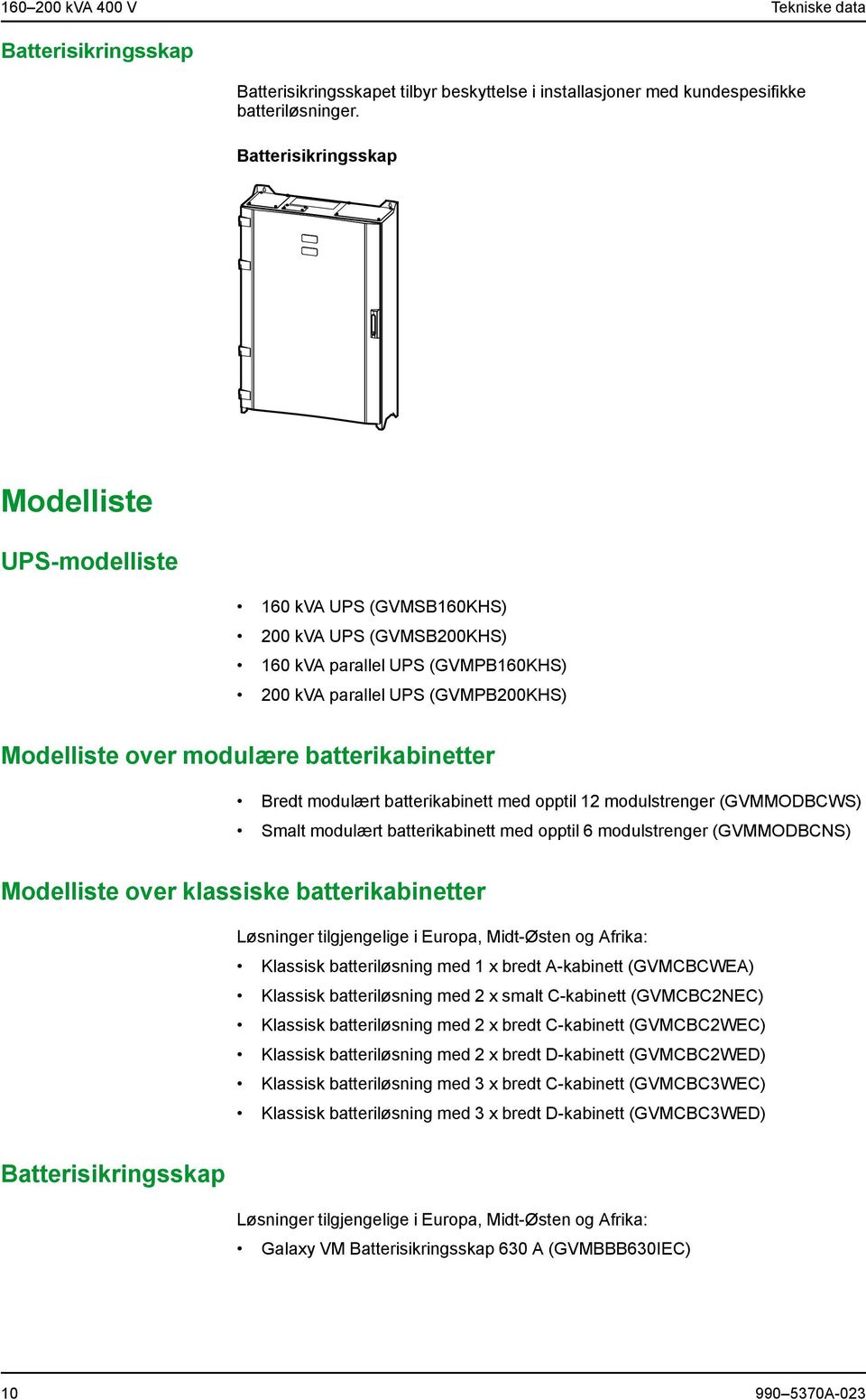 batterikabinetter Bredt modulært batterikabinett med opptil 12 modulstrenger (GVMMODBCWS) Smalt modulært batterikabinett med opptil 6 modulstrenger (GVMMODBCNS) Modelliste over klassiske