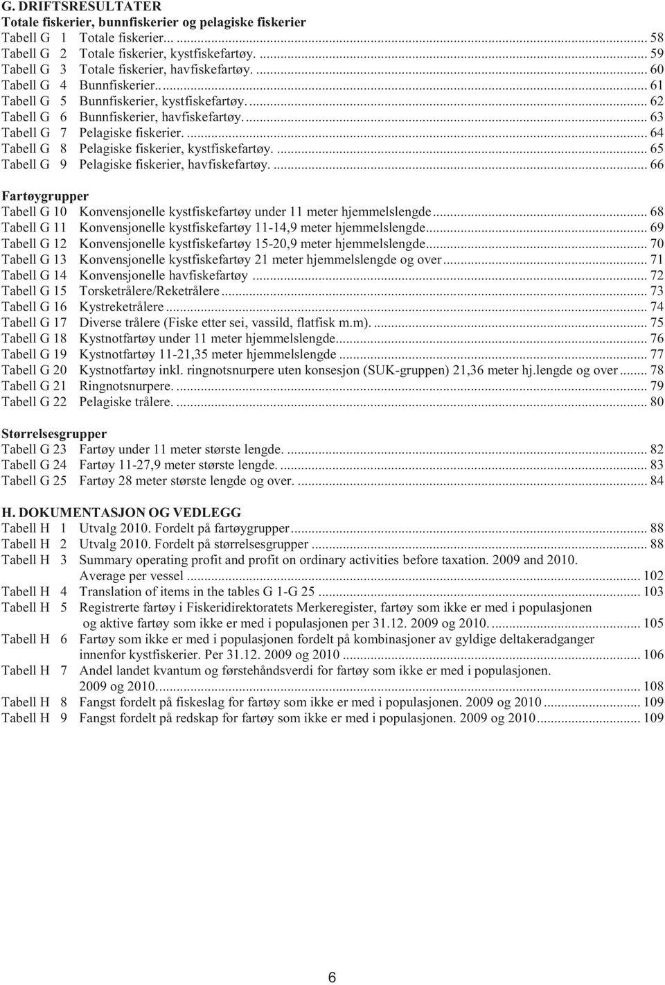 ... 63 Tabell G 7 Pelagiske fiskerier.... 64 Tabell G 8 Pelagiske fiskerier, kystfiskefartøy.... 65 Tabell G 9 Pelagiske fiskerier, havfiskefartøy.
