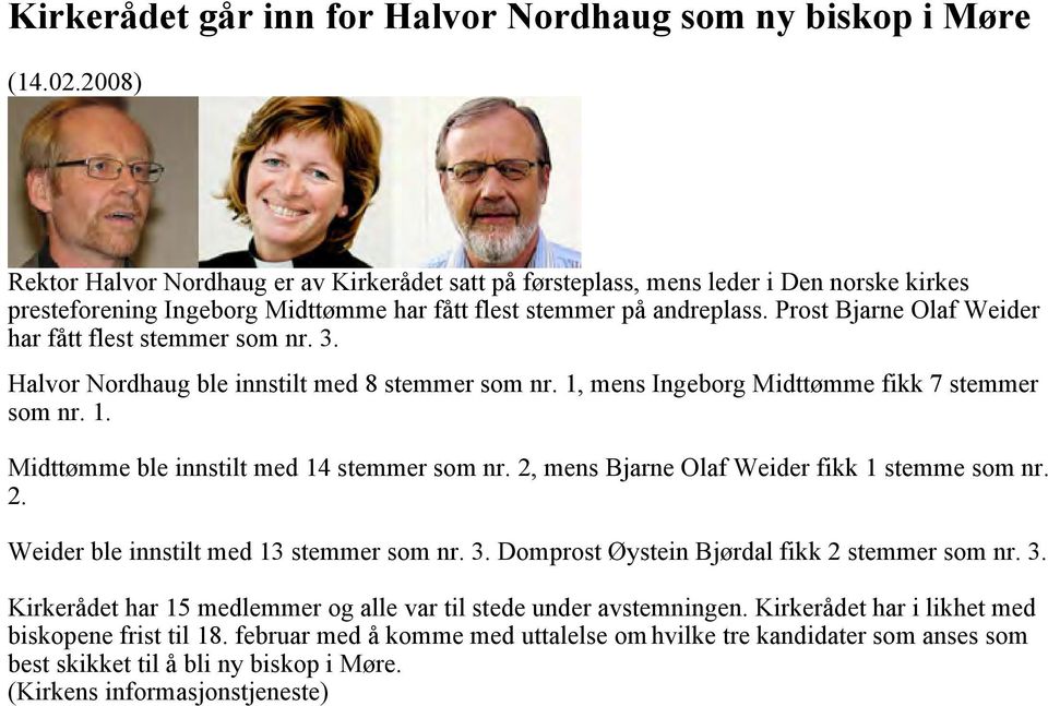 Prost Bjarne Olaf Weider har fått flest stemmer som nr. 3. Halvor Nordhaug ble innstilt med 8 stemmer som nr. 1, mens Ingeborg Midttømme fikk 7 stemmer som nr. 1. Midttømme ble innstilt med 14 stemmer som nr.