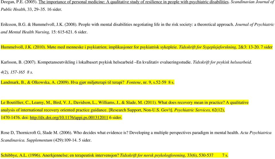 6 sider. Hummelvoll, J.K. (2010). Møte med menneske i psykiatrien; implikasjoner for psykiatrisk sykepleie. Tidsskrift for Sygeplejeforskning, 2&3: 13-20. 7 sider Karlsson, B. (2007).