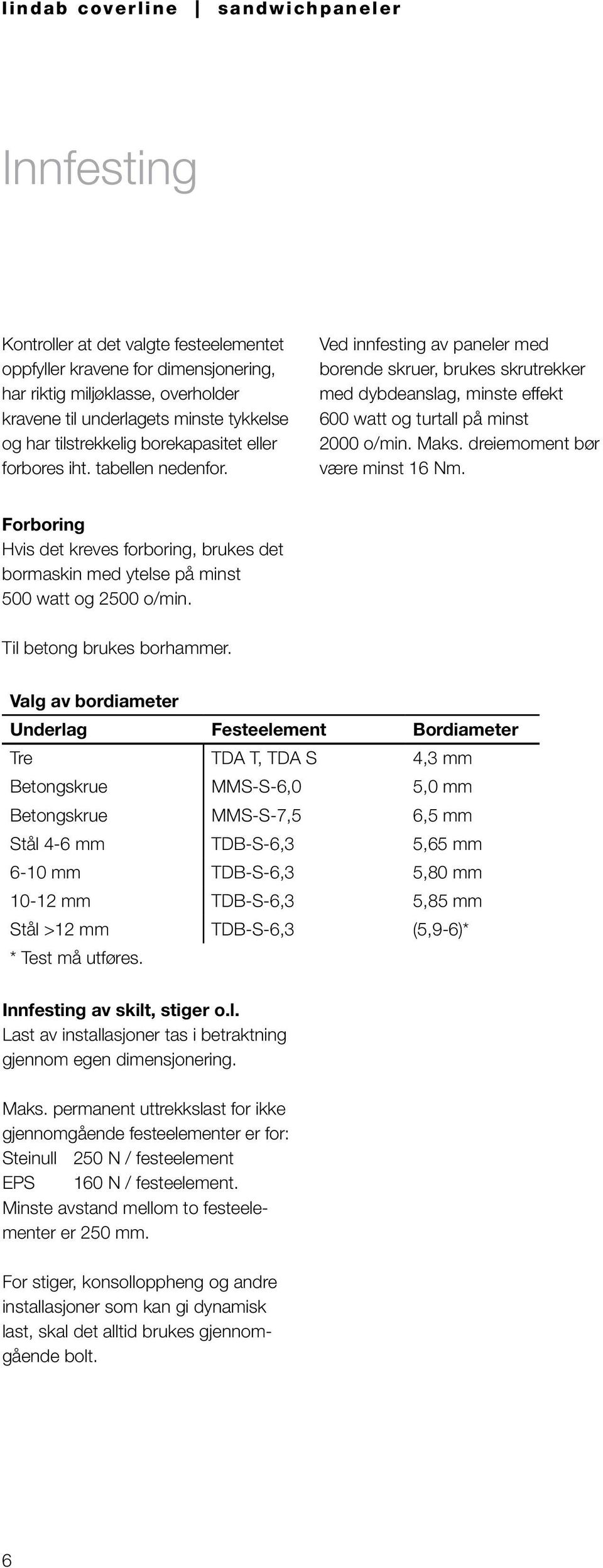 dreiemoment bør være minst 16 Nm. Forboring Hvis det kreves forboring, brukes det bormaskin med ytelse på minst 500 watt og 2500 o/min. Til betong brukes borhammer.