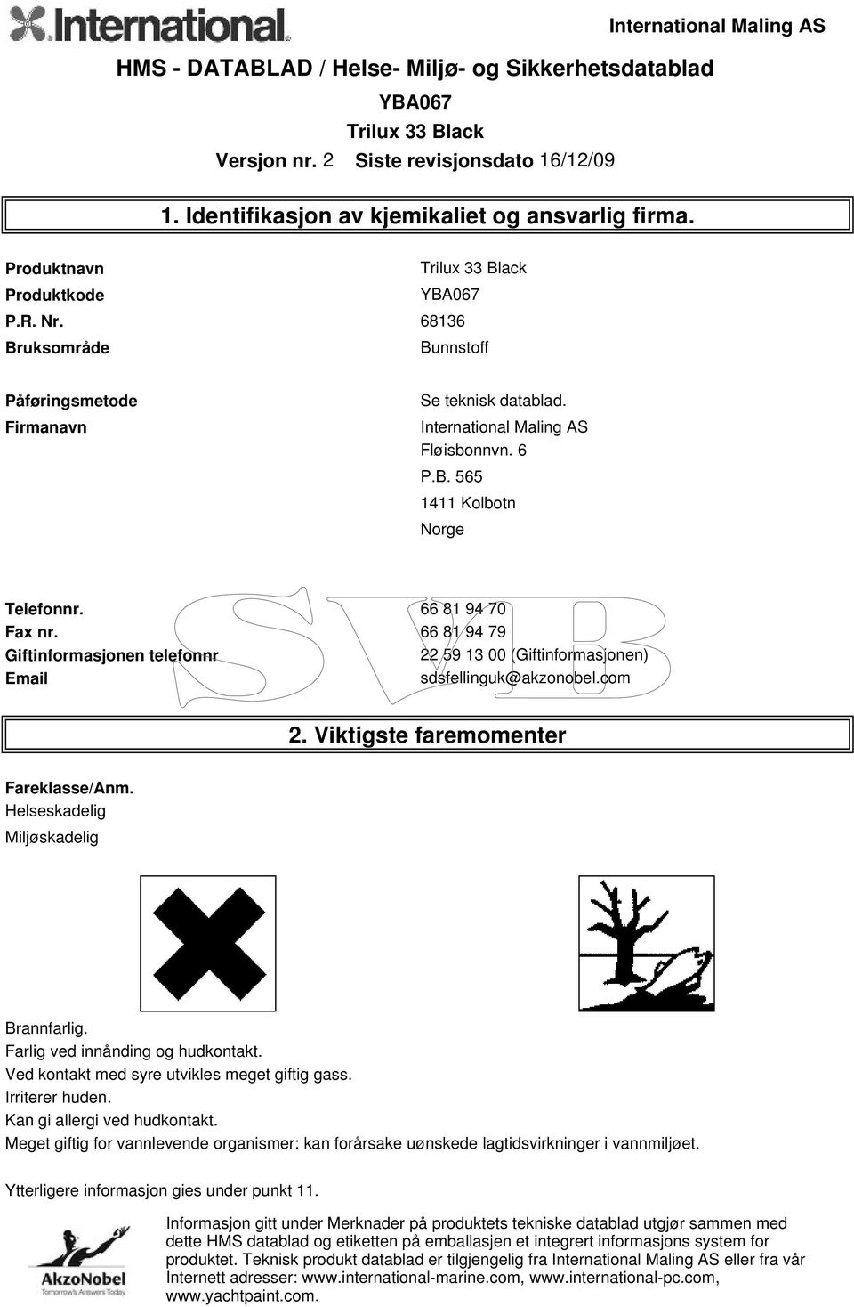 66 81 94 79 Giftinformasjonen telefonnr 22 59 13 00 (Giftinformasjonen) Email sdsfellinguk@akzonobel.com 2. Viktigste faremomenter Fareklasse/Anm.