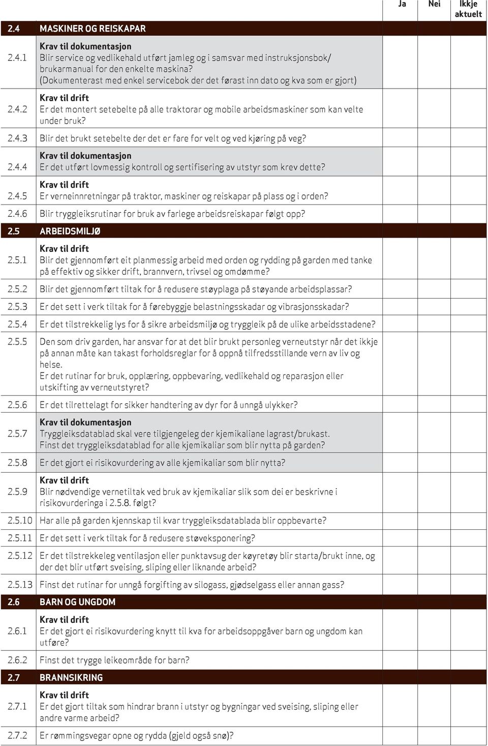 2.4.4 Er det utført lovmessig kontroll og sertifisering av utstyr som krev dette? 2.4.5 Er verneinnretningar på traktor, maskiner og reiskapar på plass og i orden? 2.4.6 Blir tryggleiksrutinar for bruk av farlege arbeidsreiskapar følgt opp?