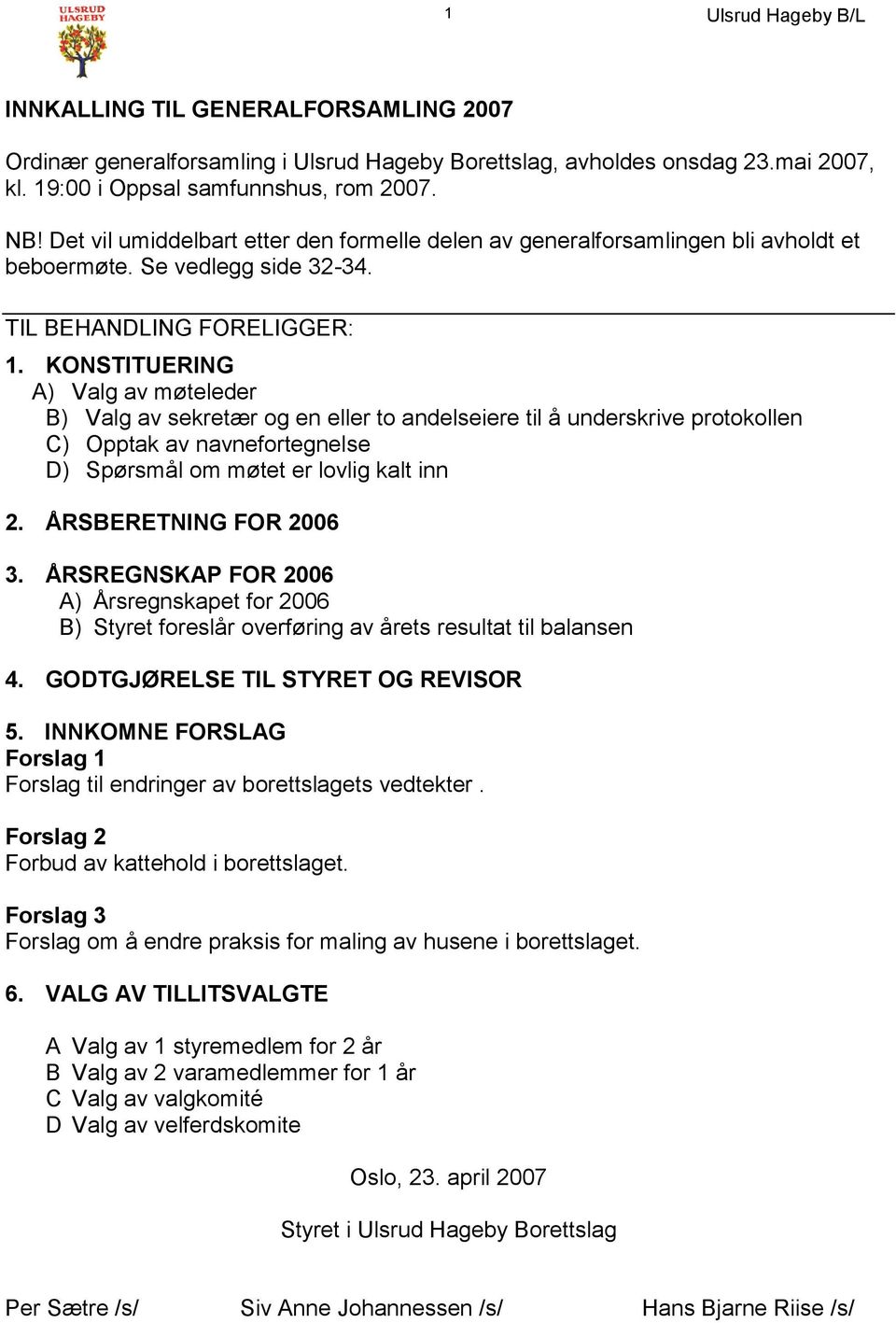 KONSTITUERING A) Valg av møteleder B) Valg av sekretær og en eller to andelseiere til å underskrive protokollen C) Opptak av navnefortegnelse D) Spørsmål om møtet er lovlig kalt inn 2.