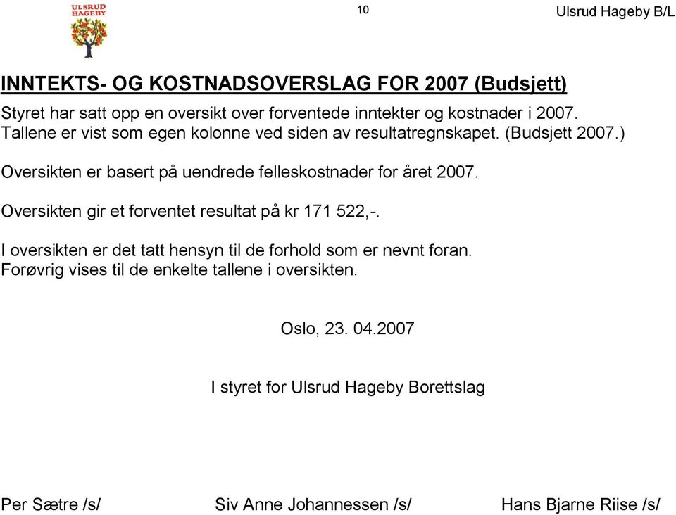 ) Oversikten er basert på uendrede felleskostnader for året 2007. Oversikten gir et forventet resultat på kr 171 522,-.