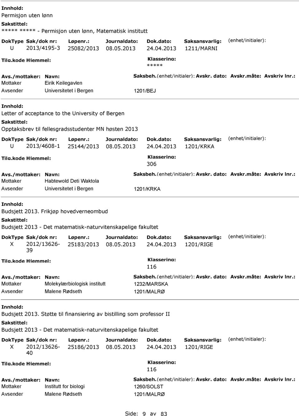 2013 1201/KRKA 306 Avs./mottaker: avn: Saksbeh. Avskr. dato: Avskr.måte: Avskriv lnr.: Mottaker Habtewold Deti Waktola niversitetet i Bergen 1201/KRKA Budsjett 2013.