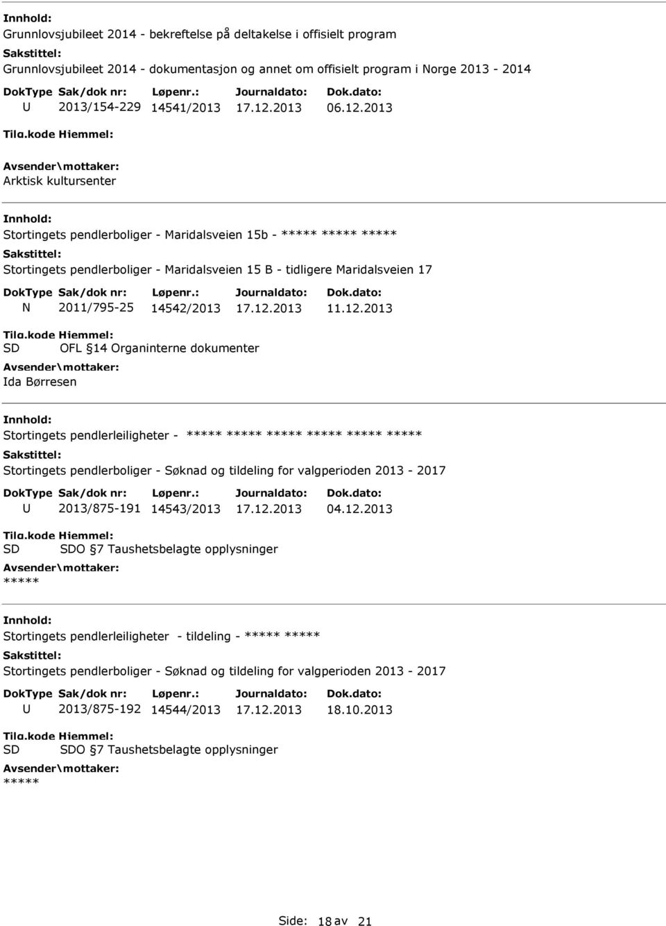 12.2013 OFL 14 Organinterne dokumenter da Børresen Stortingets pendlerleiligheter - ***** ***** ***** ***** ***** ***** Stortingets pendlerboliger - Søknad og tildeling for valgperioden 2013-2017