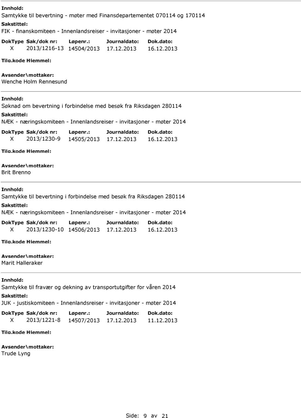 Samtykke til bevertning i forbindelse med besøk fra Riksdagen 280114 NÆK - næringskomiteen - nnenlandsreiser - invitasjoner - møter 2014 2013/1230-10 14506/2013 Marit Halleraker