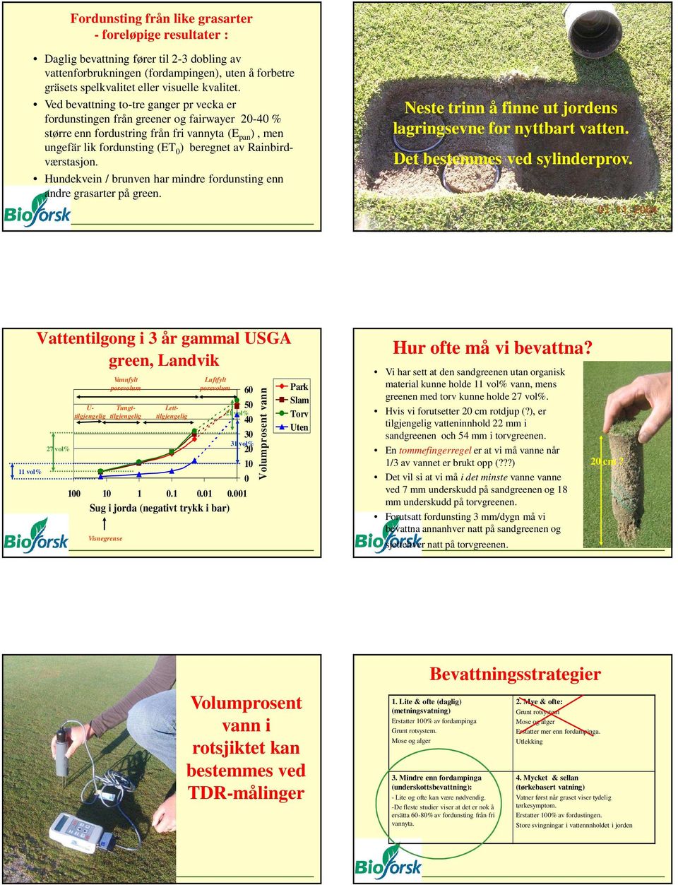 Rainbirdværstasjon. Hundekvein / brunven har mindre fordunsting enn andre grasarter på green. Neste trinn å finne ut jordens lagringsevne for nyttbart vatten. Det bestemmes ved sylinderprov.