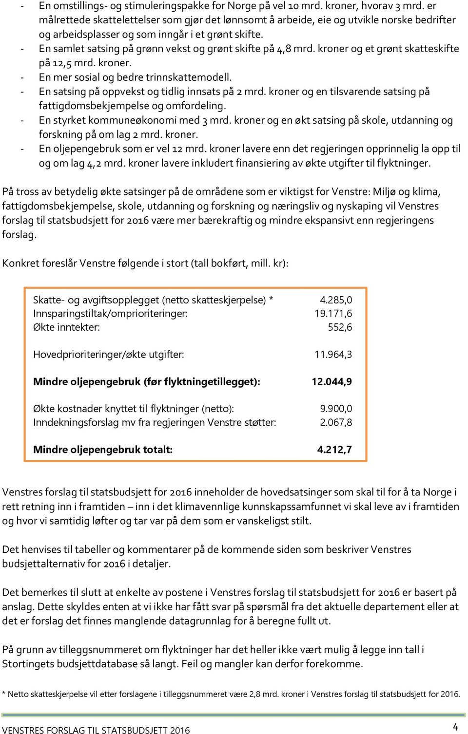 - En samlet satsing på grønn vekst og grønt skifte på 4,8 mrd. kroner og et grønt skatteskifte på 12,5 mrd. kroner. - En mer sosial og bedre trinnskattemodell.