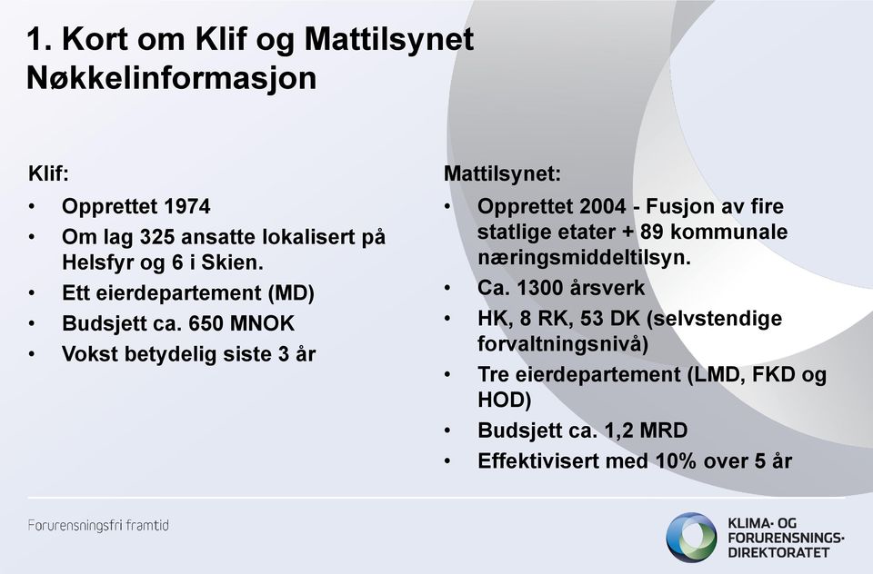 650 MNOK Vokst betydelig siste 3 år Mattilsynet: Opprettet 2004 - Fusjon av fire statlige etater + 89 kommunale