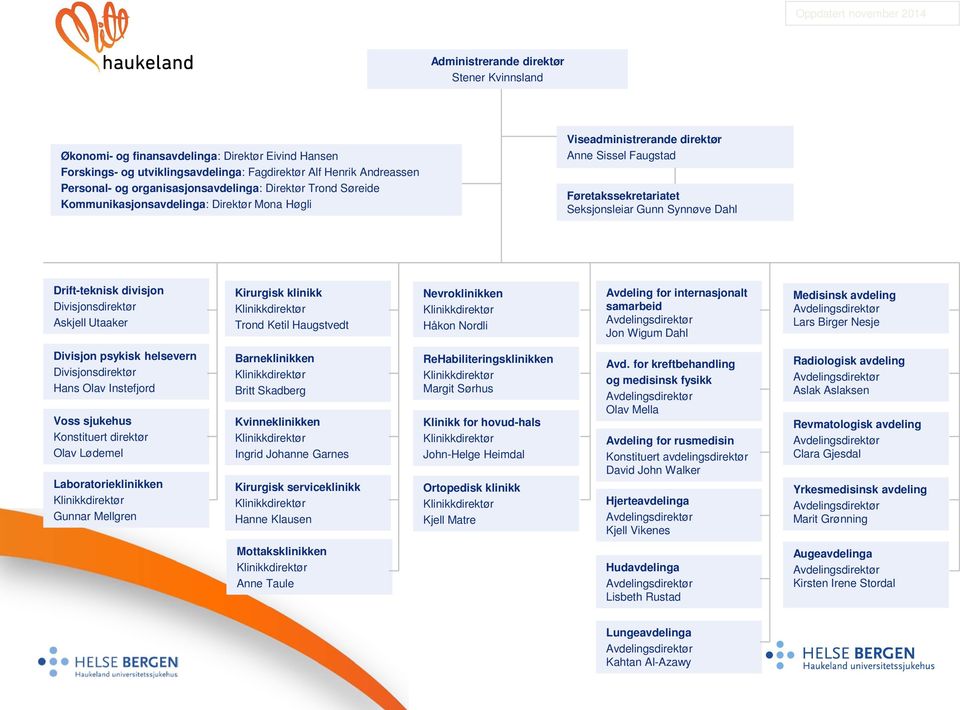Drift-teknisk divisjon Divisjonsdirektør Askjell Utaaker Kirurgisk klinikk Trond Ketil Haugstvedt Nevroklinikken Håkon Nordli Avdeling for internasjonalt samarbeid Jon Wigum Dahl Medisinsk avdeling