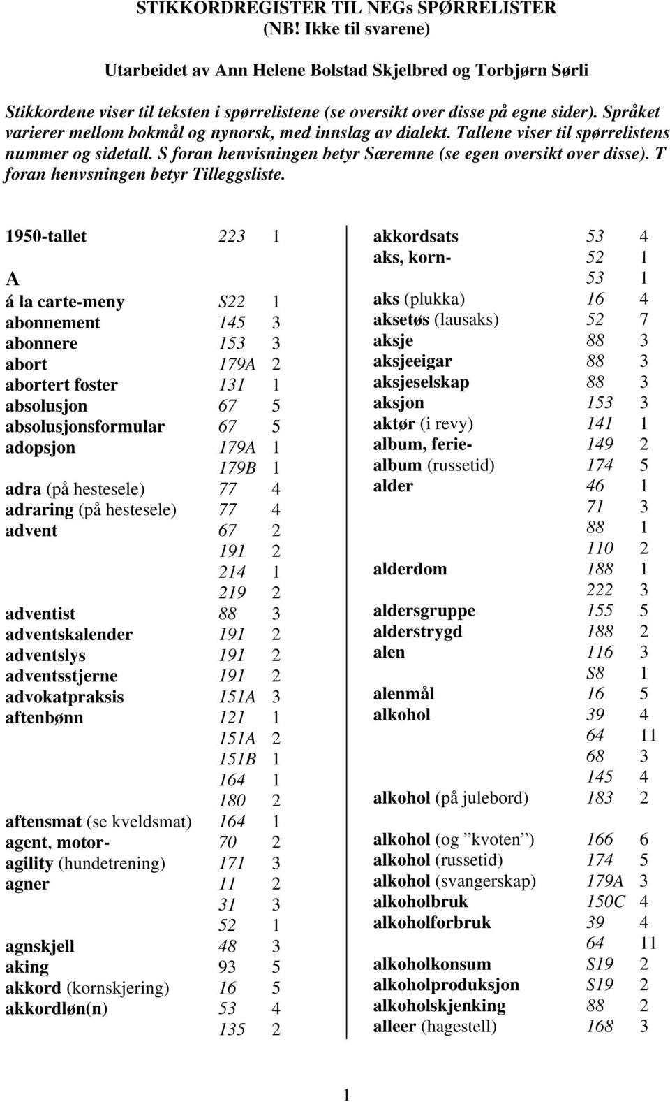 Språket varierer mellom bokmål og nynorsk, med innslag av dialekt. Tallene viser til spørrelistens nummer og sidetall. S foran henvisningen betyr Særemne (se egen oversikt over disse).