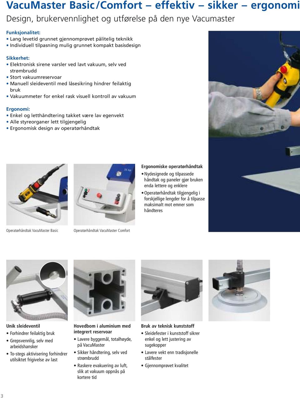 bruk Vakuummeter for enkel rask visuell kontroll av vakuum Ergonomi: Enkel og letthåndtering takket være lav egenvekt Alle styreorganer lett tilgjengelig Ergonomisk design av operatørhåndtak