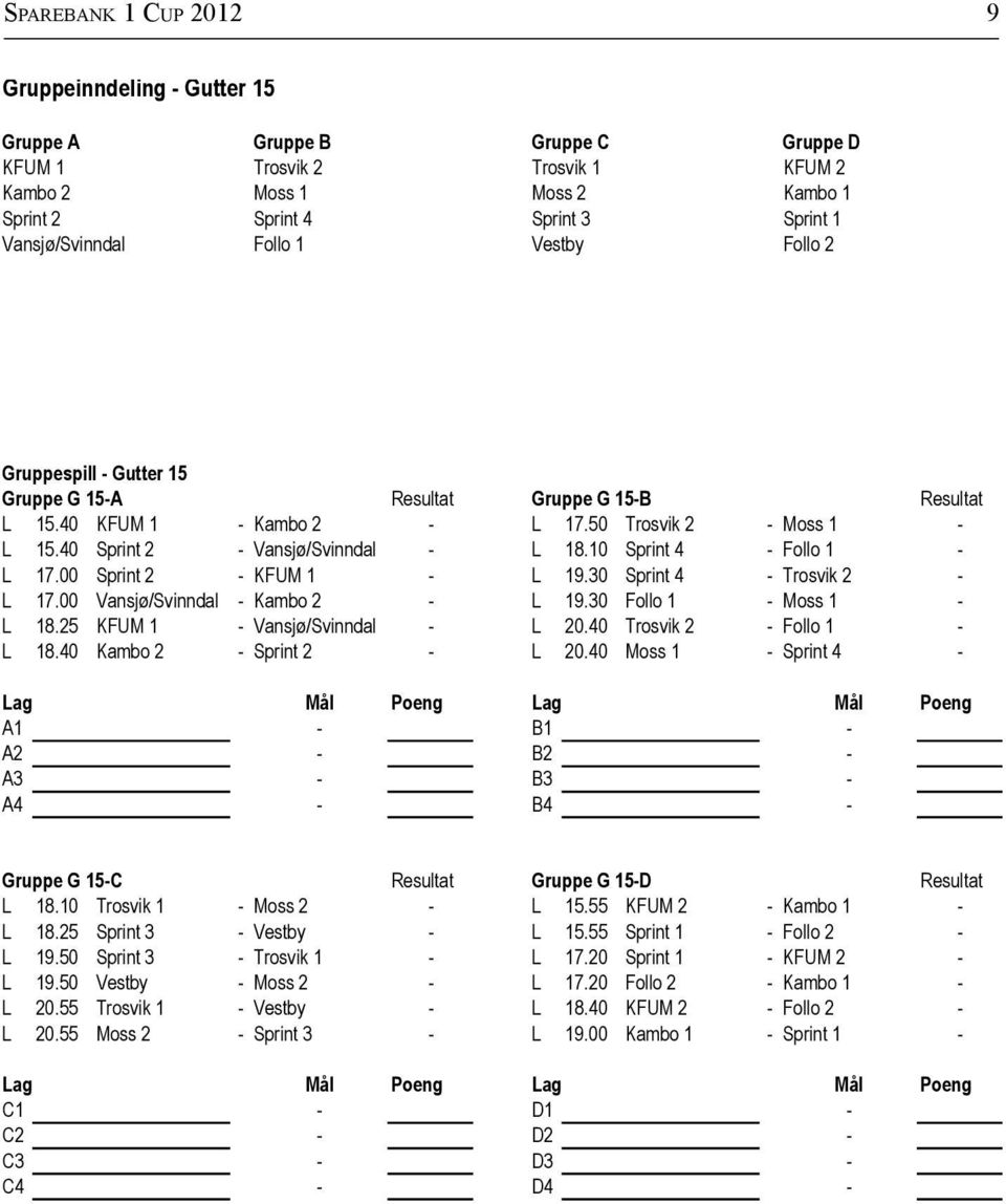 40 Sprint 2 - Vansjø/Svinndal - L 18.10 Sprint 4 - Follo 1 - L 17.00 Sprint 2 - KFUM 1 - L 19.30 Sprint 4 - Trosvik 2 - L 17.00 Vansjø/Svinndal - Kambo 2 - L 19.30 Follo 1 - Moss 1 - L 18.