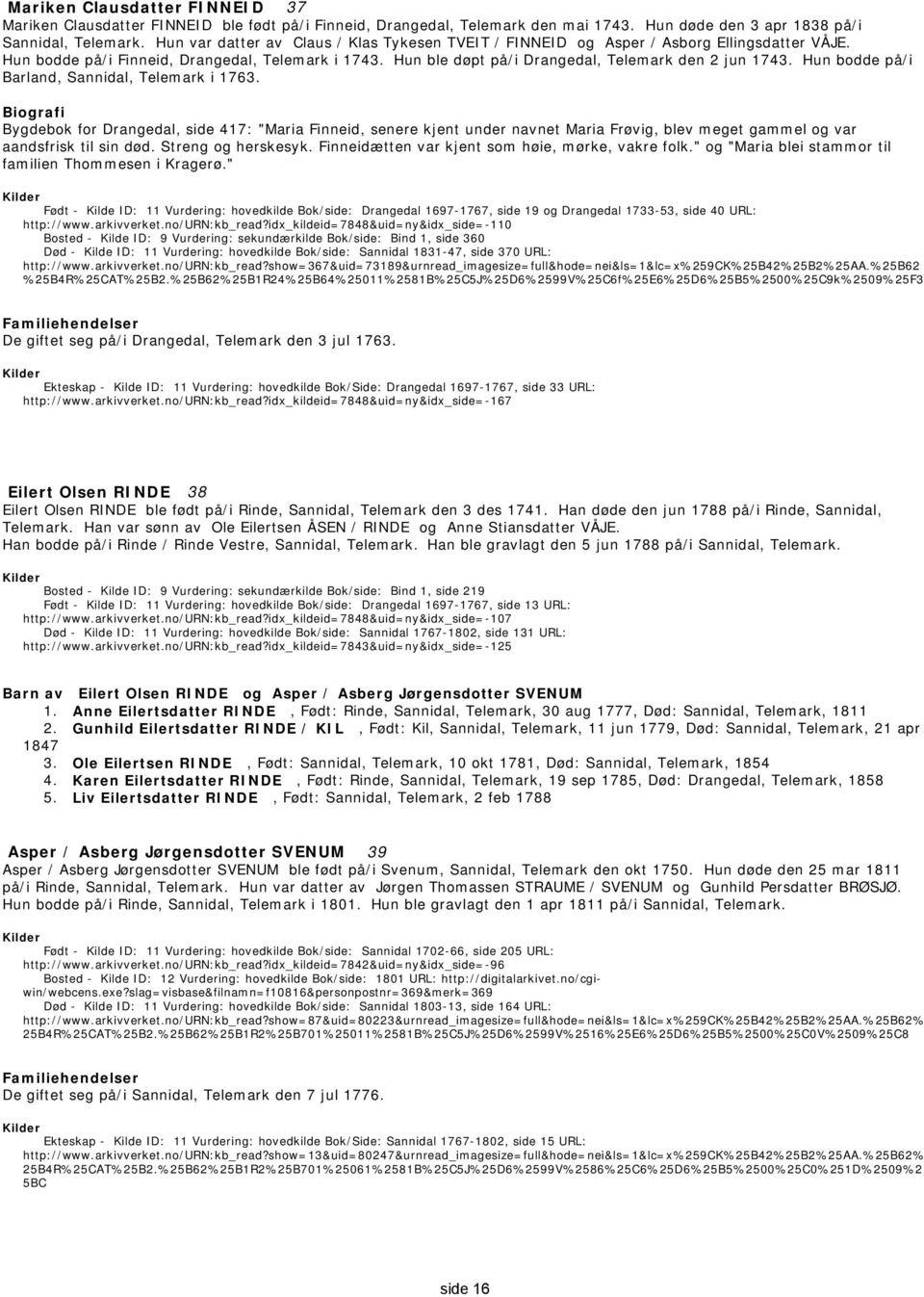 Hun bodde på/i Barland, Sannidal, Telemark i 1763. Bygdebok for Drangedal, side 417: "Maria Finneid, senere kjent under navnet Maria Frøvig, blev meget gammel og var aandsfrisk til sin død.