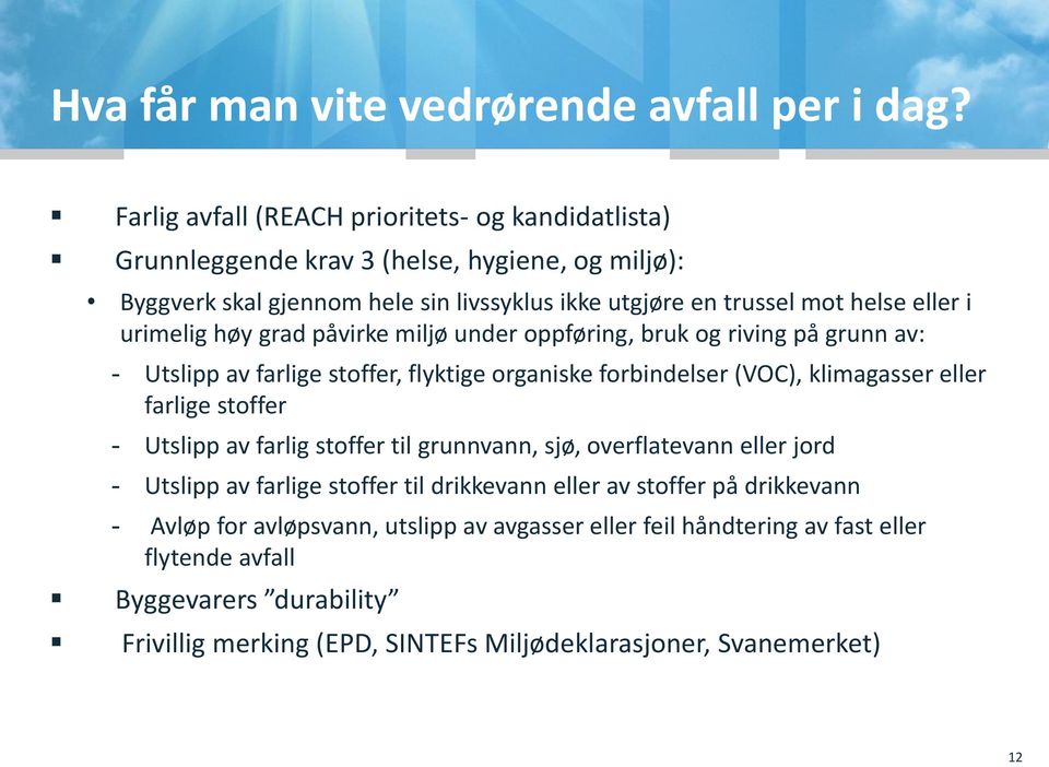 urimelig høy grad påvirke miljø under oppføring, bruk og riving på grunn av: - Utslipp av farlige stoffer, flyktige organiske forbindelser (VOC), klimagasser eller farlige stoffer -