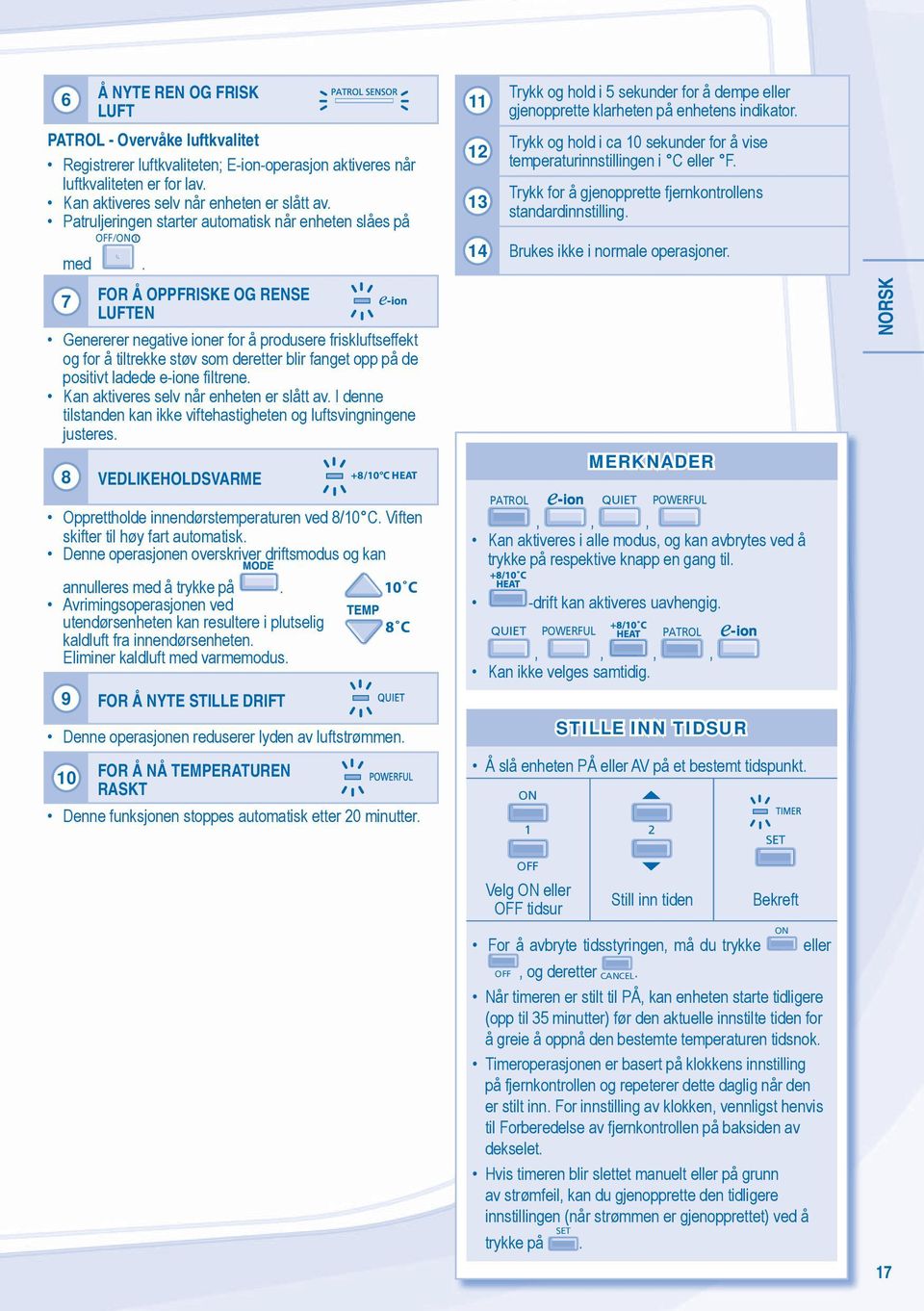 7 FOR Å OPPFRISKE OG RENSE LUFTEN Genererer negative ioner for å produsere friskluftseffekt og for å tiltrekke støv som deretter blir fanget opp på de positivt ladede e-ione filtrene.