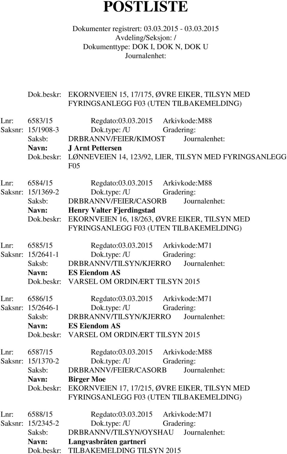 03.2015 Arkivkode:M88 Saksnr: 15/1369-2 Dok.type: /U Gradering: Navn: Henry Valter Fjerdingstad Dok.beskr: EKORNVEIEN 16, 18/263, ØVRE EIKER, TILSYN MED (UTEN TILBAKEMELDING) Lnr: 6585/15 Regdato:03.