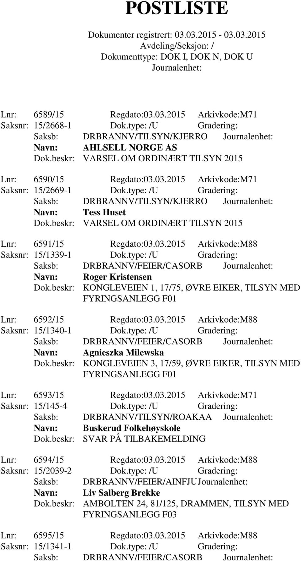 beskr: KONGLEVEIEN 1, 17/75, ØVRE EIKER, TILSYN MED Lnr: 6592/15 Regdato:03.03.2015 Arkivkode:M88 Saksnr: 15/1340-1 Dok.type: /U Gradering: Navn: Agnieszka Milewska Dok.