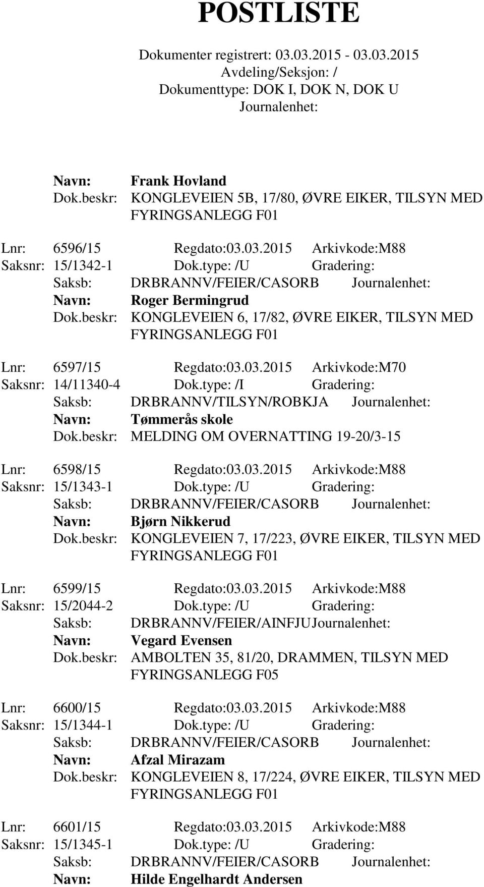 beskr: MELDING OM OVERNATTING 19-20/3-15 Lnr: 6598/15 Regdato:03.03.2015 Arkivkode:M88 Saksnr: 15/1343-1 Dok.type: /U Gradering: Navn: Bjørn Nikkerud Dok.