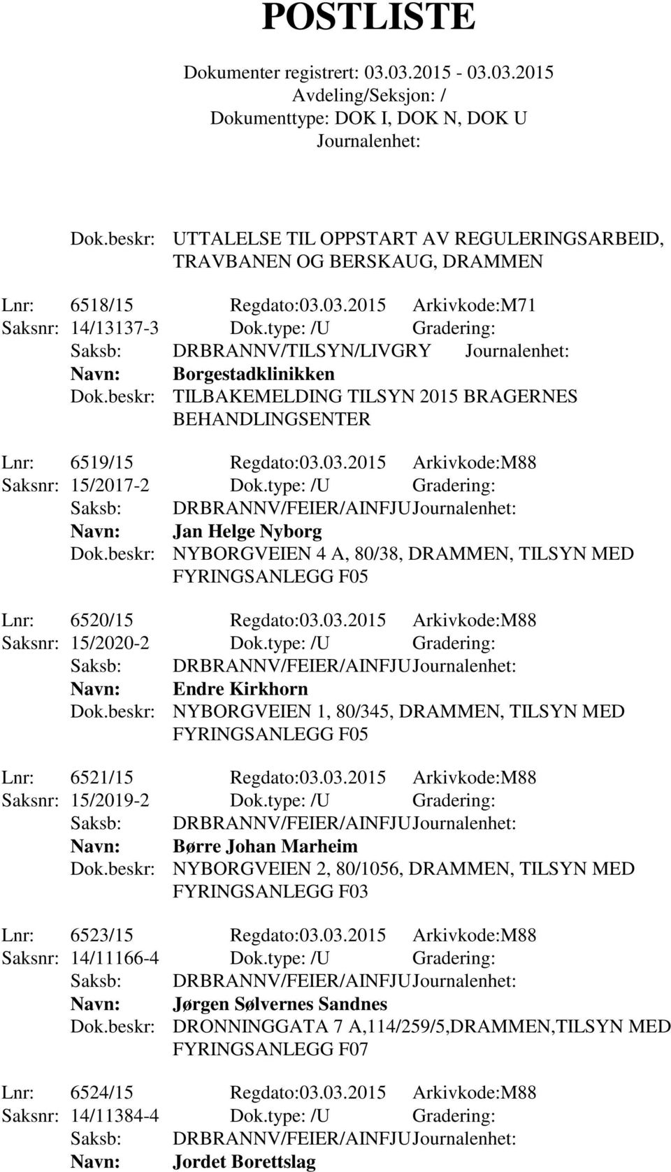 03.2015 Arkivkode:M88 Saksnr: 15/2017-2 Dok.type: /U Gradering: Saksb: DRBRANNV/FEIER/AINFJU Navn: Jan Helge Nyborg Dok.beskr: NYBORGVEIEN 4 A, 80/38, DRAMMEN, TILSYN MED Lnr: 6520/15 Regdato:03.03.2015 Arkivkode:M88 Saksnr: 15/2020-2 Dok.