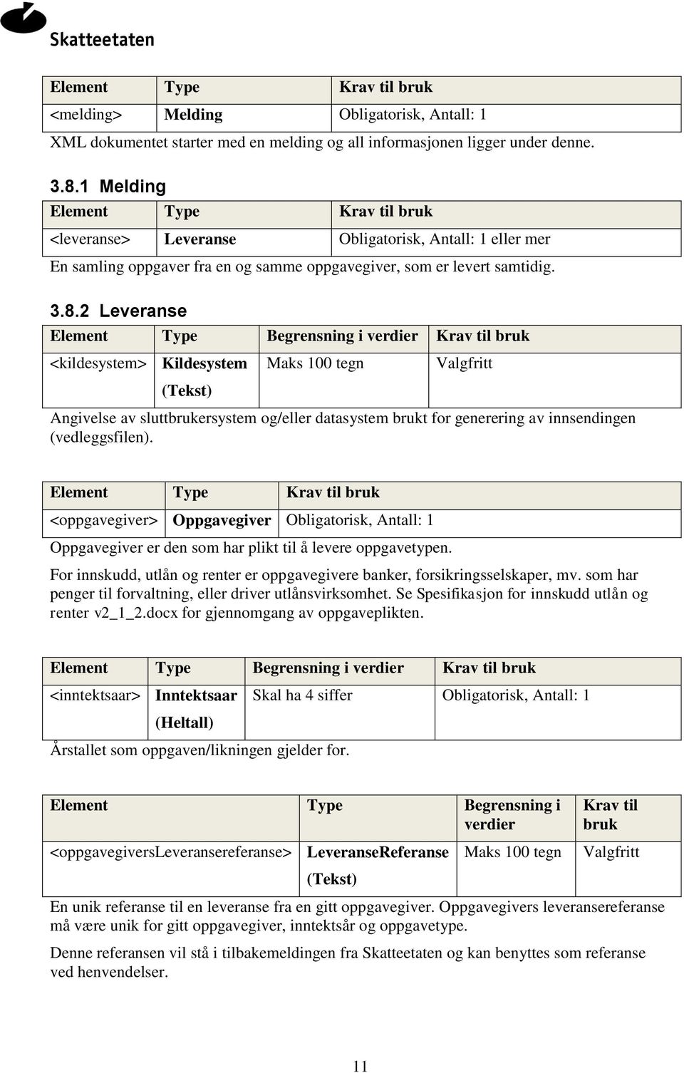 2 Leveranse <kildesystem> Kildesystem Maks 100 tegn Valgfritt Angivelse av sluttbrukersystem og/eller datasystem brukt for generering av innsendingen (vedleggsfilen).