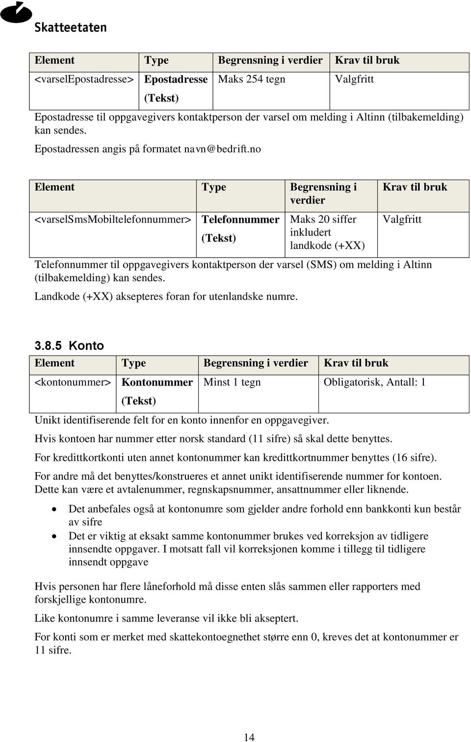 no Element Type Begrensning i verdier <varselsmsmobiltelefonnummer> Telefonnummer Maks 20 siffer inkludert landkode (+XX) Krav til bruk Valgfritt Telefonnummer til oppgavegivers kontaktperson der