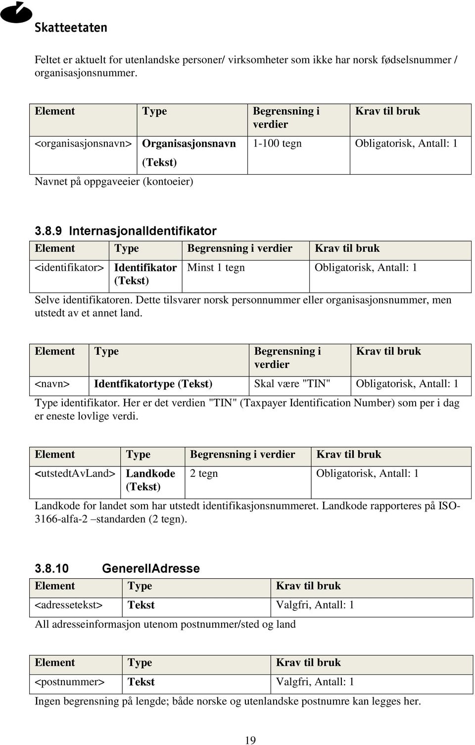 9 InternasjonalIdentifikator <identifikator> Identifikator Minst 1 tegn Obligatorisk, Antall: 1 Selve identifikatoren.