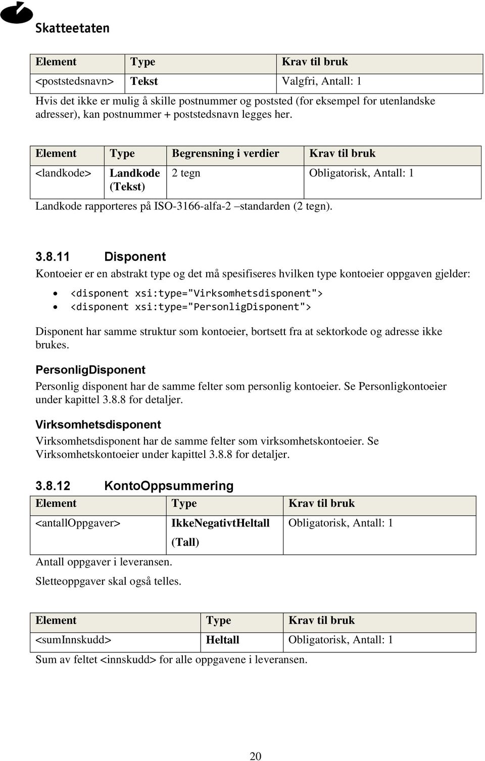 11 Disponent Kontoeier er en abstrakt type og det må spesifiseres hvilken type kontoeier oppgaven gjelder: <disponent xsi:type="virksomhetsdisponent"> <disponent xsi:type="personligdisponent">