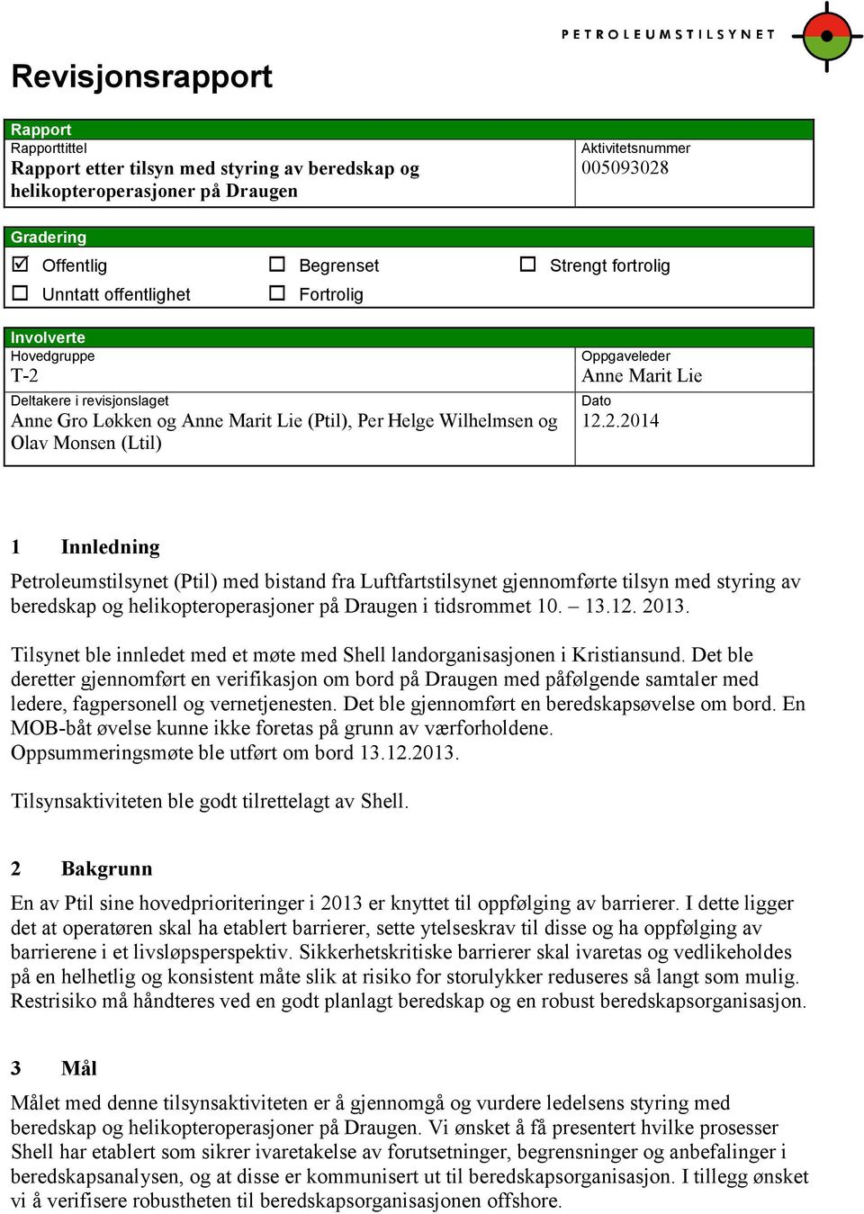 12.2.2014 1 Innledning Petroleumstilsynet (Ptil) med bistand fra Luftfartstilsynet gjennomførte tilsyn med styring av beredskap og helikopteroperasjoner på Draugen i tidsrommet 10. 13.12. 2013.