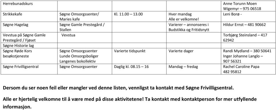 Varierer annonseres i Hildur Ernst 481 90662 Budstikka og Fritidsnytt Vevstua Torbjørg Steinsland 417 62942 Varierte tidspunkt Varierte dager Randi Mydland 380 50641 Inger Johanne Langlo 907 56321