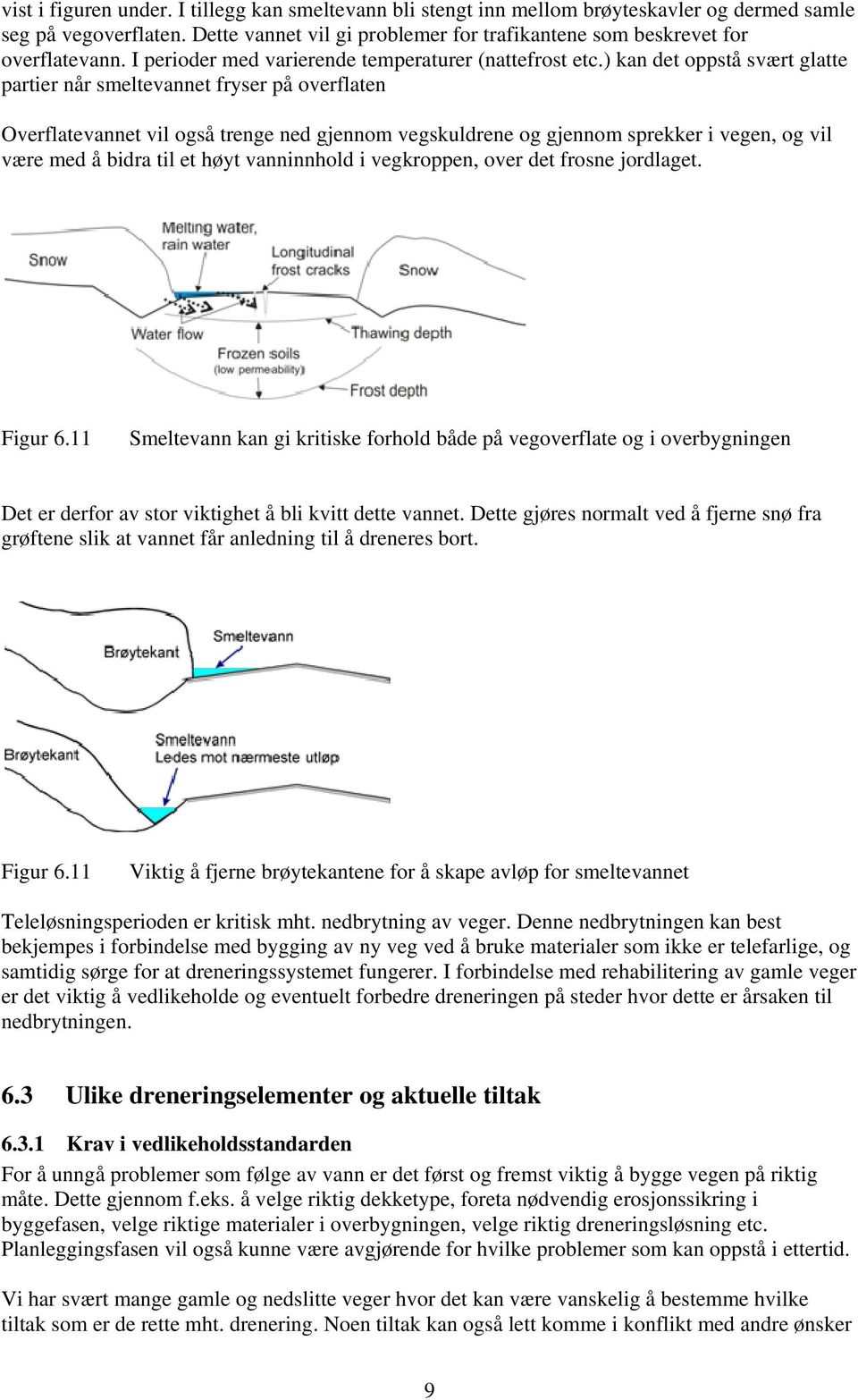 ) kan det oppstå svært glatte partier når smeltevannet fryser på overflaten Overflatevannet vil også trenge ned gjennom vegskuldrene og gjennom sprekker i vegen, og vil være med å bidra til et høyt