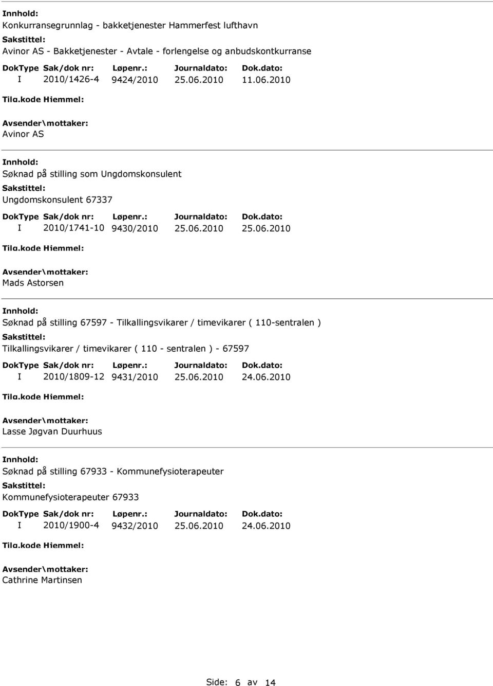 2010 Avinor AS Søknad på stilling som ngdomskonsulent ngdomskonsulent 67337 2010/1741-10 9430/2010 Mads Astorsen Søknad på stilling 67597 -